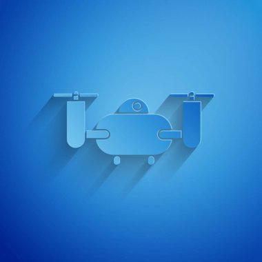 Kağıt kesim drone mavi arka planda izole eylem video kamera simgesi ile uçan. Video ve fotoğraf kamera sembolü ile quadrocopter. Kağıt sanatı tarzı. Vektör Illustration