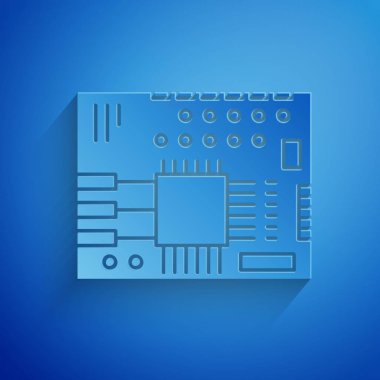 Kağıt kesiği devre kartı Pcb simgesi mavi arkaplanda izole edildi. Kağıt sanatı tarzı. Vektör İllüstrasyonu