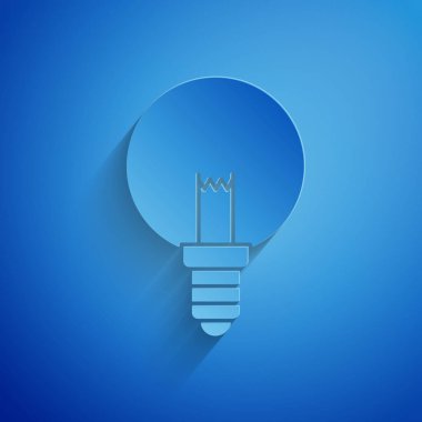 Kağıt, mavi arkaplanda izole edilmiş fikir ikonu kavramına sahip ampulü kesti. Enerji ve fikir sembolü. İlham konsepti. Kağıt sanatı tarzı. Vektör İllüstrasyonu