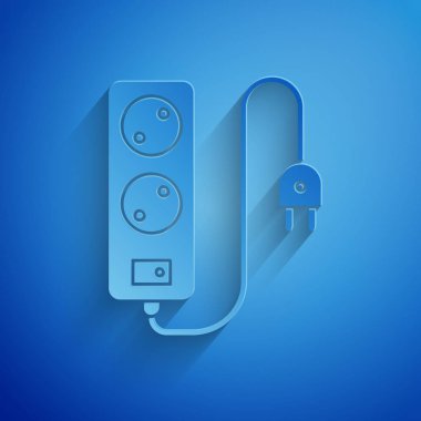 Kağıt kesiği Elektrik uzatma kablosu simgesi mavi arkaplanda izole edildi. Priz prizi. Kağıt sanatı tarzı. Vektör İllüstrasyonu