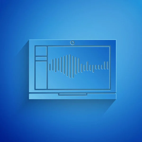 Corte de papel Gravador de som ou áudio ou software editor no ícone do laptop isolado no fundo azul. Estilo de arte de papel. Ilustração vetorial — Vetor de Stock
