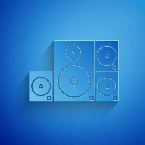 Icona di altoparlante stereo tagliata su sfondo blu. Altoparlanti del sistema audio. Icona musicale. Altoparlante musicale a colonna. Stile cartaceo. Illustrazione vettoriale — Vettoriale Stock
