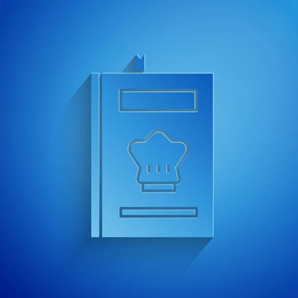 Carta tagliata icona Cookbook isolato su sfondo blu. Icona del libro di cucina. Libro delle ricette. Icone con forchetta e coltello. Posate simbolo. Stile cartaceo. Illustrazione vettoriale — Vettoriale Stock