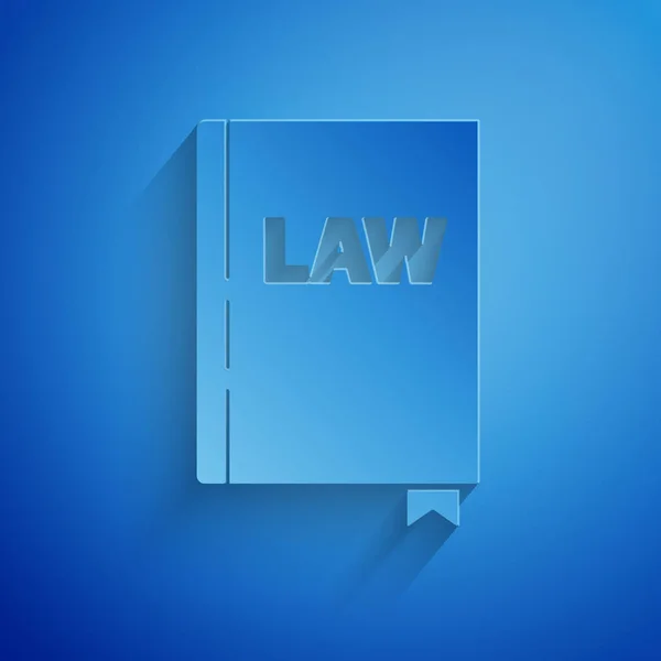 Carta tagliata Icona del libro di legge isolata su sfondo blu. Giudice Giudice Giudice. Concetto di giudizio. Stile cartaceo. Illustrazione vettoriale — Vettoriale Stock