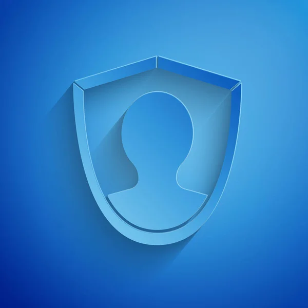 Иконка защиты пользователя выделена на синем фоне. Безопасный логин пользователя, защищенный пароль, защита персональных данных, аутентификация. Бумажный стиль. Векторная миграция — стоковый вектор