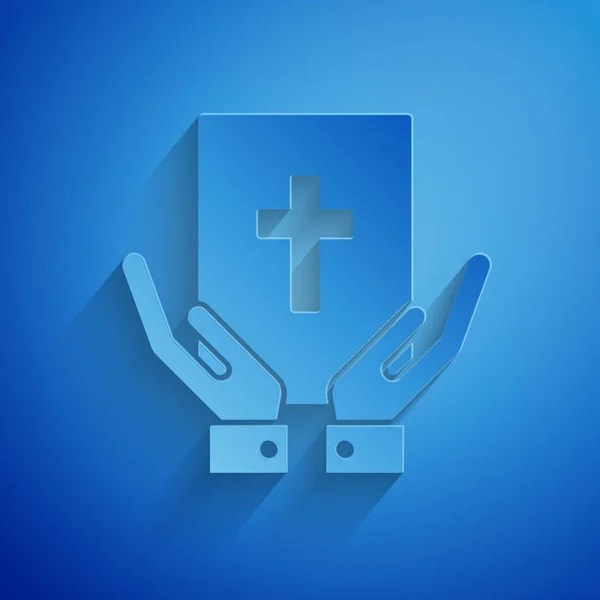 Paper cut Oath on the Holy Bible icon isolated on blue background. The procedure in court. Truth and truth. Promise before god. Paper art style. Vector Illustration — Stock Vector