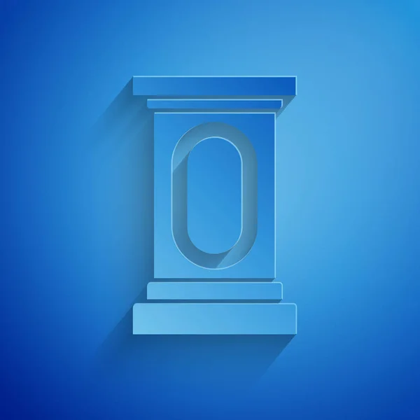 Paper cut Stage stand or debate podium rostrum icon isolated on blue background. Conference speech tribune. Paper art style. Vector Illustration — ストックベクタ