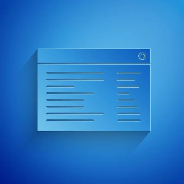 紙カットソフトウェア、青い背景に隔離されたWeb開発者のプログラミングコードアイコン。JavaScriptコンピュータスクリプトプログラムコードのランダムな部分。紙のアートスタイル。ベクターイラスト — ストックベクタ