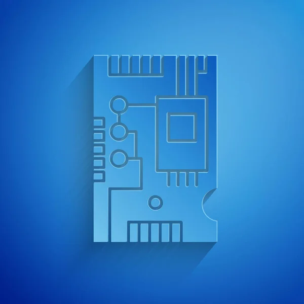 Paper cut Electronic computer components motherboard digital chip integrated science icon isolated on blue background. Circuit board. Paper art style. Vector Illustration — Stock Vector