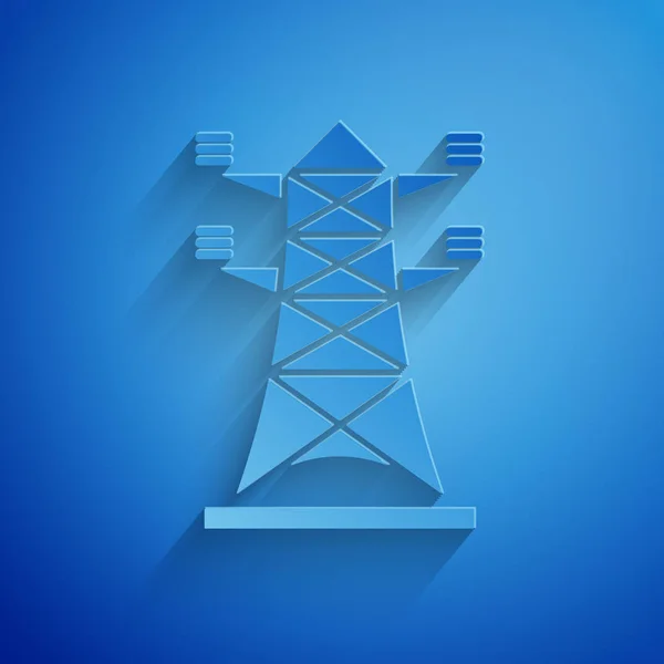 Паперовий виріз Електрична вежа, яка використовується для підтримки значка верхньої лінії електропередачі, ізольована на синьому фоні. Силова лінія високої напруги. Стиль паперового мистецтва. Векторна ілюстрація — стоковий вектор