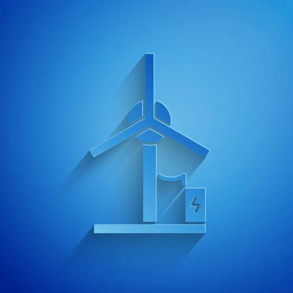 Pappersklipp Vindturbin ikon isolerad på blå bakgrund. Vindgeneratorskylt. Väderkvarn för elproduktion. Papperskonst. Vektor Illustration — Stock vektor