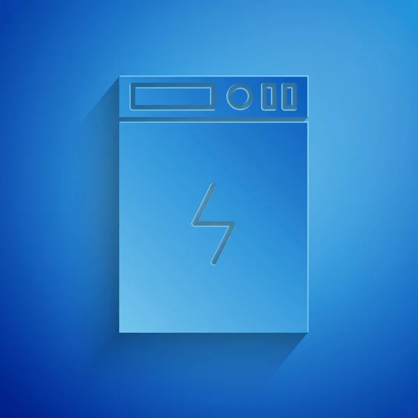 Corte de papel Icono del banco Power aislado sobre fondo azul. Dispositivo de carga portátil. Estilo de arte de papel. Ilustración vectorial — Vector de stock