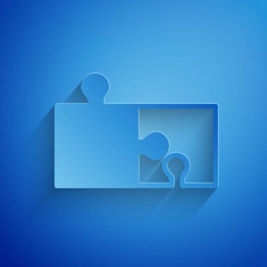 Kağıt mavi arka plan üzerinde izole bulmaca simgesi parçası kesti. Modern düz, iş, pazarlama, finans, internet kavramı. Kağıt sanat tarzı. Vektör İllüstrasyonu