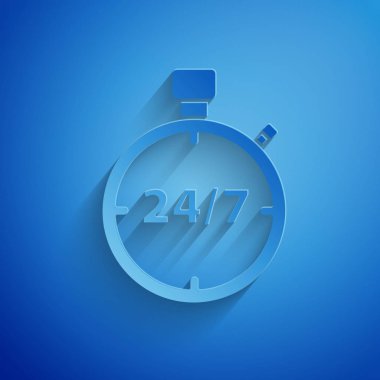 Kağıt kesiği Kronometre saati simgesi mavi arkaplanda 24 saat izole edilmiş. Tüm gün döngü simgesi. 24 saat hizmet sembolü. Kağıt sanatı tarzı. Vektör İllüstrasyonu