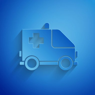 Kağıt kesiği ambulans ve acil durum arabası ikonu mavi arka planda izole edildi. Ambulans aracı tıbbi tahliye. Kağıt sanatı tarzı. Vektör İllüstrasyonu