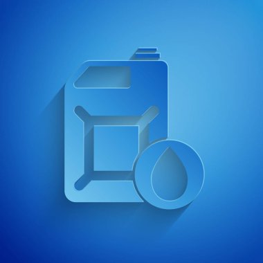 Kağıt kesiği, mavi arka planda izole edilmiş motor makine yağı ikonu için plastik kaplar. Benzin bidonu. Yağ değiştirme ve onarım servisi. Kağıt sanatı tarzı. Vektör İllüstrasyonu