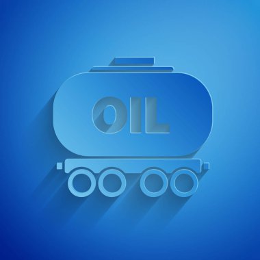 Kağıt kesiği Petrol Demiryolu Sarnıç simgesi mavi arka planda izole. Tren vagonundaki petrol tankı. Demiryolu nakliyesi. Petrol endüstrisi. Kağıt sanatı tarzı. Vektör İllüstrasyonu