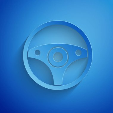Kağıt kesiği direksiyon simgesi mavi arkaplanda izole edilmiş. Araba tekeri ikonu. Kağıt sanatı tarzı. Vektör İllüstrasyonu