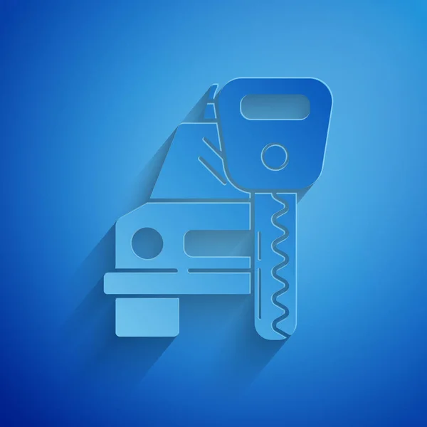 Χαρτί περικοπή εικονίδιο ενοικίασης αυτοκινήτων που απομονώνονται σε μπλε φόντο. Νοίκιασε μια πινακίδα αυτοκινήτου. Κλειδί με αυτοκίνητο. Αντίληψη για την επισκευή αυτοκινήτων. Στυλ χάρτινης τέχνης. Εικονογράφηση διανύσματος — Διανυσματικό Αρχείο