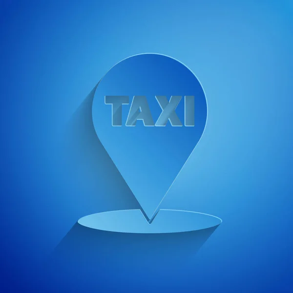 Papel cortado Puntero de mapa con icono de taxi aislado sobre fondo azul. Símbolo de ubicación. Estilo de arte de papel. Ilustración vectorial — Archivo Imágenes Vectoriales