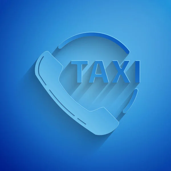Папір вирізає піктограму служби таксі, ізольовану на синьому фоні. Таксі для смартфона. Стиль паперового мистецтва. Векторна ілюстрація — стоковий вектор