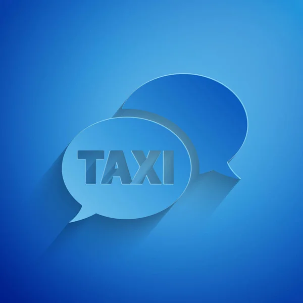 Kağıt kesiği Taksi çağrı servisi simgesi mavi arkaplanda izole edildi. Konuşma balonu sembolü. Akıllı telefon taksisi. Kağıt sanatı tarzı. Vektör İllüstrasyonu — Stok Vektör