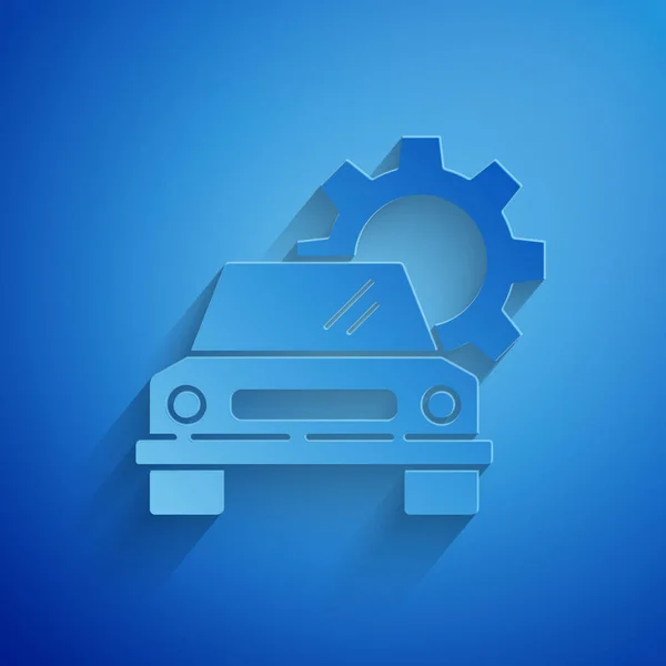 Pappersklipp Bil service ikon isolerad på blå bakgrund. Fordonsmekaniker. Reparation av bilmekaniker. Underhållsskylt. Papperskonst. Vektor Illustration — Stock vektor