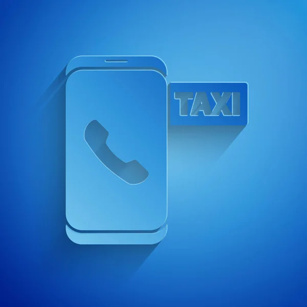 紙切りタクシー青い背景に隔離された電話サービスアイコンを呼び出します。スマートフォン用タクシー。紙のアートスタイル。ベクターイラスト — ストックベクタ
