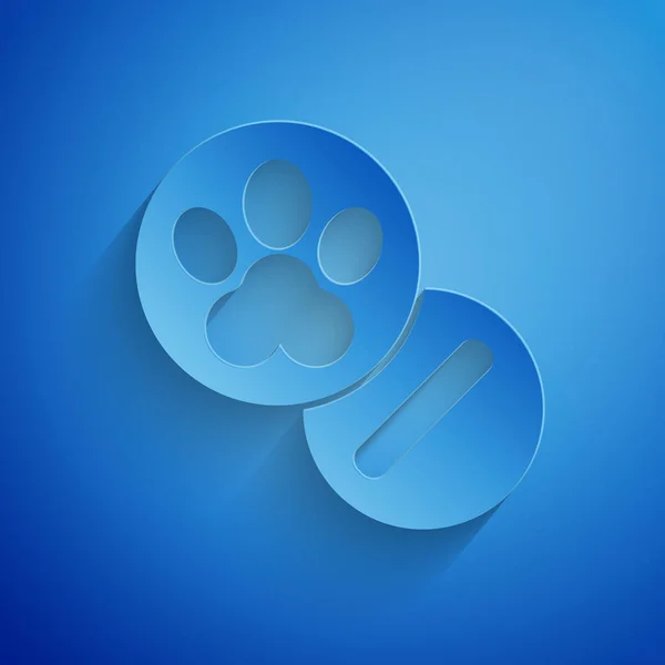 Paper cut Icona di cane e pillole isolata su sfondo blu. Medicina prescritta per animali. Stile cartaceo. Illustrazione vettoriale — Vettoriale Stock