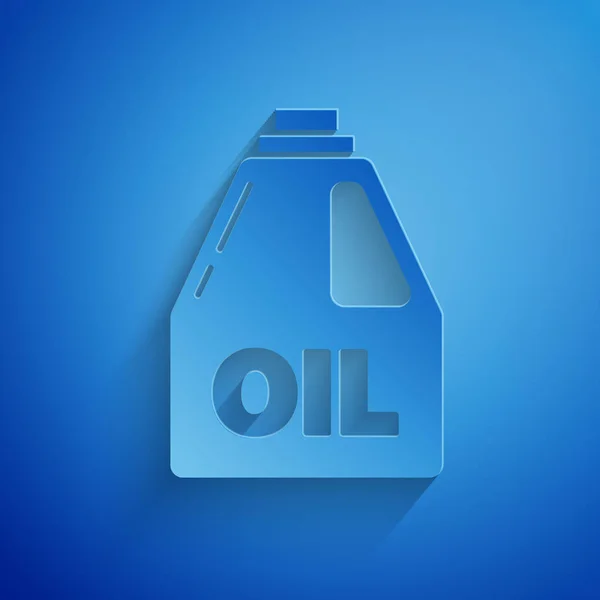 Barattolo di plastica per icona olio motore isolato su sfondo blu. Un litro di petrolio. Servizio cambio olio e riparazione. Stile cartaceo. Illustrazione vettoriale — Vettoriale Stock