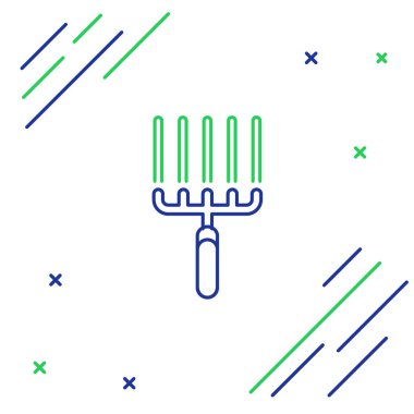 Mavi ve yeşil çizgili bahçe tırmığı beyaz arka planda izole edilmiş iş simgesi. Bahçecilik, tarım, çiftçilik aleti. Toprak işçisi. Renkli taslak konsepti. Vektör İllüstrasyonu