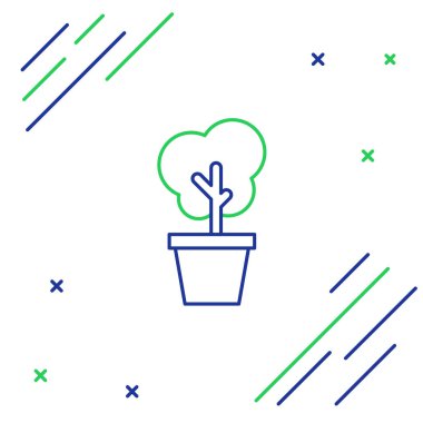 Beyaz arka planda izole edilmiş, çömlek simgesindeki mavi ve yeşil çizgi ağacı. Saksıda saksı bitkisi. Ev ve iç mekan için doğal dekor. Saksı bitkisi işareti. Renkli taslak konsepti. Vektör İllüstrasyonu