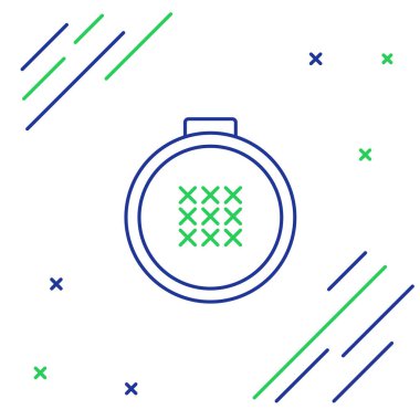 Mavi ve yeşil çizgi yuvarlak işlemeli halka simgesi beyaz arkaplanda izole edildi. Nakış için iplik ve iğne. Renkli taslak konsepti. Vektör İllüstrasyonu