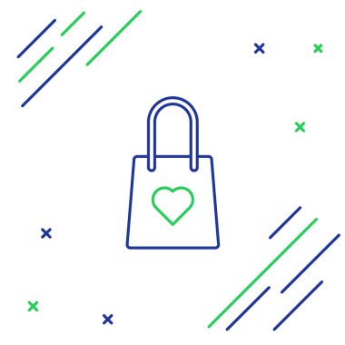 Beyaz arka planda kalp ikonu olan mavi ve yeşil bir alışveriş torbası. Alışveriş torbası sevgisi kalp ikonu gibidir. Sevgililer Günü sembolü. Renkli taslak konsepti. Vektör İllüstrasyonu