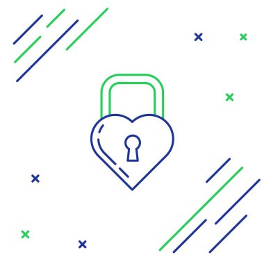 Beyaz arka planda izole edilmiş kalp ikonu şeklinde mavi ve yeşil çizgi Castle. Kilitli Kalp. Aşk sembolü ve anahtar deliği işareti. Renkli taslak konsepti. Vektör İllüstrasyonu