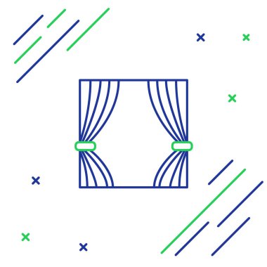 Mavi ve yeşil çizgi perde simgesi beyaz arkaplanda izole edildi. Tiyatro ya da opera sahnesi için, konser açılışı ya da sinema galası için. Renkli taslak konsepti. Vektör İllüstrasyonu