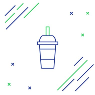 Mavi ve yeşil çizgi Beyaz arka plan üzerinde izole içme saman ve su simgesi ile Kağıt cam. Soda bardak iç. Taze soğuk içecek sembolü. Renkli anahat konsepti. Vektör İllüstrasyonu