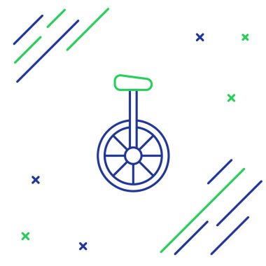 Mavi ve yeşil çizgili tek tekerlekli bisiklet ya da beyaz arka planda izole edilmiş bir bisiklet ikonu. Tekerlekli bisiklet. Renkli taslak konsepti. Vektör İllüstrasyonu