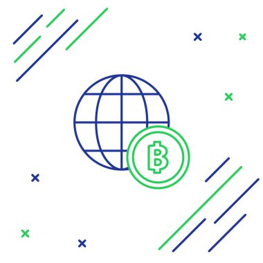 Mavi ve yeşil çizgi Globe ve kripto para birimi beyaz arka planda Bitcoin simgesi. Madeni para. Engelleme zinciri tabanlı şifreli para birimi. Renkli taslak konsepti. Vektör İllüstrasyonu