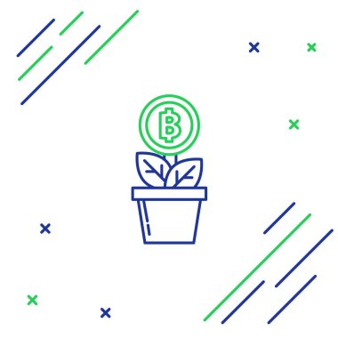 Mavi ve yeşil çizgili Bitcoin bitkisi, beyaz arka plandaki çömlek simgesine yerleştirildi. Yatırım artışı. Engelleme teknolojisi, kripto para madenciliği. Renkli taslak konsepti. Vektör İllüstrasyonu