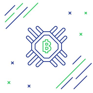 Beyaz arka planda mavi ve yeşil çizgi Cpu madencilik çiftlik ikonu. İşlemcinin içinde bitcoin işareti. Kripto para madenciliği topluluğu. Dijital para. Renkli taslak konsepti. Vektör İllüstrasyonu