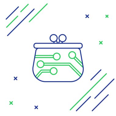 Beyaz arka planda mavi ve yeşil çizgi kripto para birimi cüzdanı simgesi. Cüzdan ve bitcoin işareti. Maden konsepti. Para, ödeme, nakit, ödeme ikonu. Renkli taslak konsepti. Vektör İllüstrasyonu