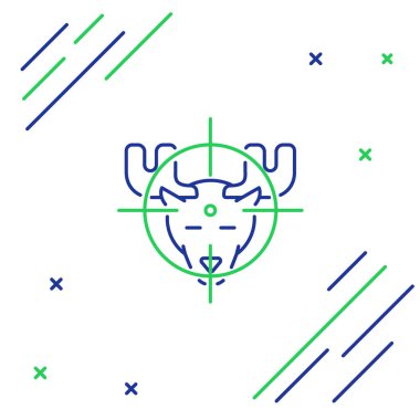 Mavi ve yeşil çizgi Hunt geyik üzerinde beyaz arka planda izole edilmiş hedef simgesi ile avlanıyor. Geyik ve hedefli av kulübü logosu. Tüfek merceği bir geyiği hedef alıyor. Renkli taslak konsepti. Vektör İllüstrasyonu