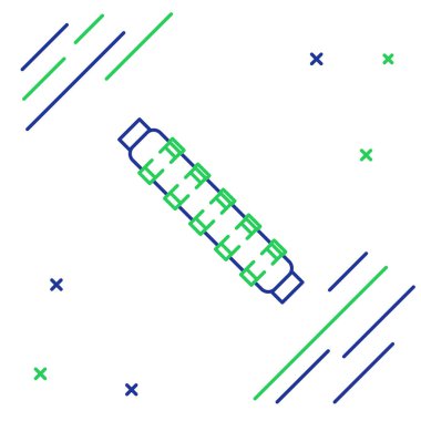 Mavi ve yeşil çizgi, beyaz arka planda kartuş ikonu olan av kartuş kuşağı. İşaret fişeği. Avcı teçhizatı, silah. Renkli taslak konsepti. Vektör İllüstrasyonu