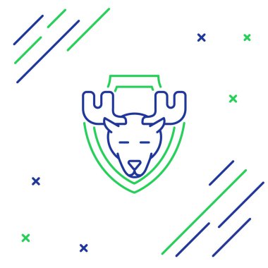 Mavi ve yeşil çizgi geyik başı beyaz arka planda izole edilmiş bir kalkan simgesi üzerinde. Duvarda av kupası. Renkli taslak konsepti. Vektör İllüstrasyonu