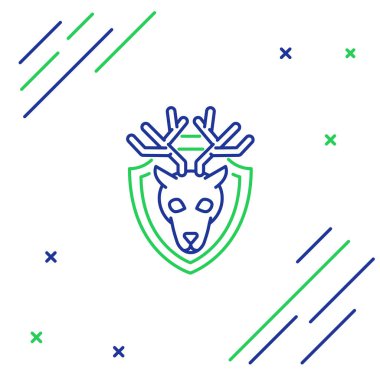 Mavi ve yeşil çizgili geyik kafası ve beyaz arka planda izole edilmiş boynuz simgesi. Duvarda av kupası. Renkli taslak konsepti. Vektör İllüstrasyonu