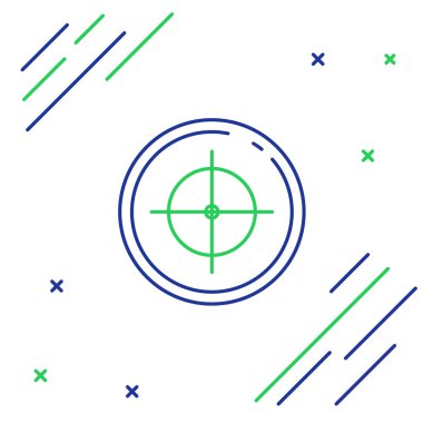 Mavi ve yeşil çizgi, beyaz arka planda izole edilmiş yarışma ikonu çekmek için hedef sporu. Atış mesafesi ya da atış mesafesi için sayıları olan temiz bir hedef. Renkli taslak konsepti. Vektör İllüstrasyonu