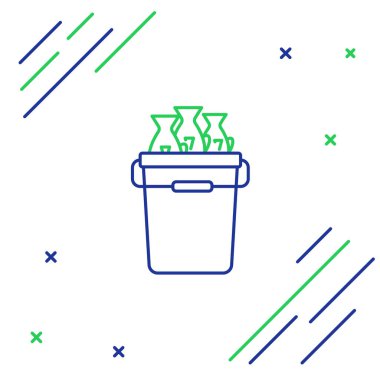 Mavi ve yeşil çizgili balıkçı kovası beyaz arka planda izole edilmiş balık ikonu. Kovadaki balık. Renkli taslak konsepti. Vektör İllüstrasyonu