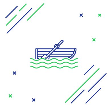 Mavi ve yeşil çizgili balıkçı teknesi beyaz arka planda izole edilmiş su ikonu üzerinde kürek ile. Renkli taslak konsepti. Vektör İllüstrasyonu