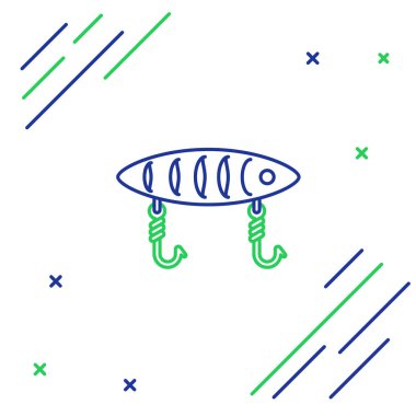 Mavi ve yeşil çizgili balık yemi simgesi beyaz arkaplanda izole edildi. Balık oltası. Renkli taslak konsepti. Vektör İllüstrasyonu